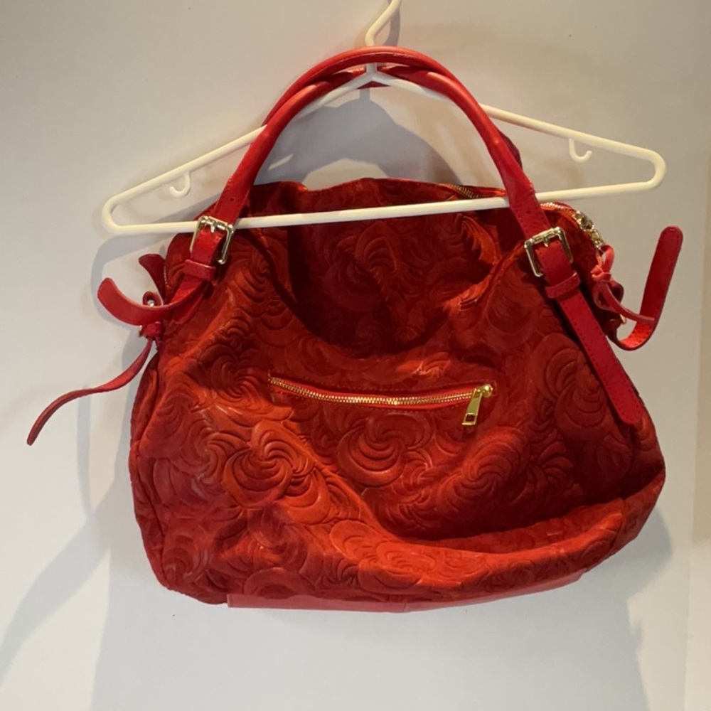 Lucca Baldi Elegant Red Suede and Leather Purse with Dust Bag